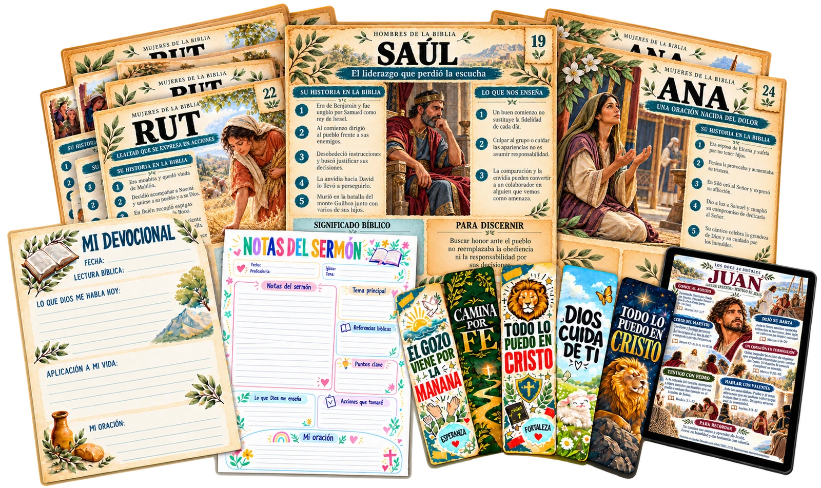 Pack completo con mapas visuales bíblicos, devocional, notas del sermón y separadores de libros